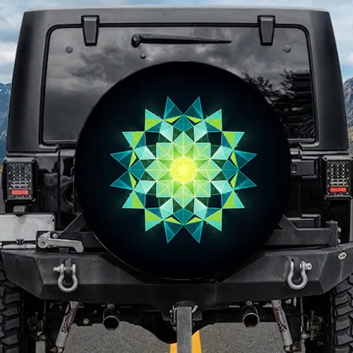 Deep Black Cosmic Glowing Geometric Starburst Mandala - Road Trip Travel Essentials Spare Tire Cover