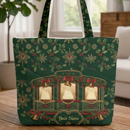 Golden Snowflakes Ornate Train Window Vignettes Personalized Heart - Christmas Gift Quilted Tote Bag