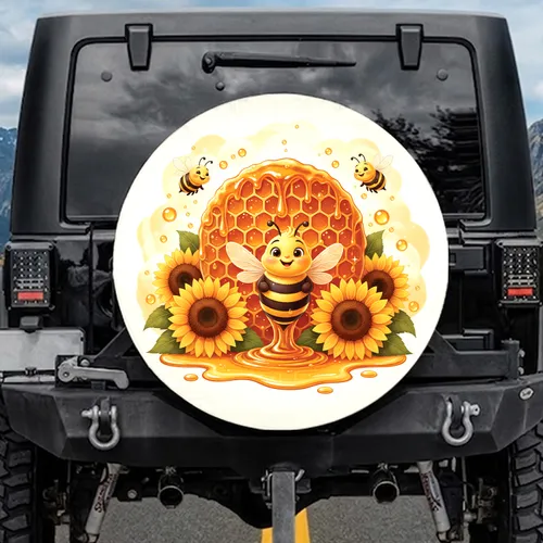 Golden Honeycomb Dripping Honey Plump Bees Sunflowers - Bee Lover Outdoor Style Gift Spare Tire Cover