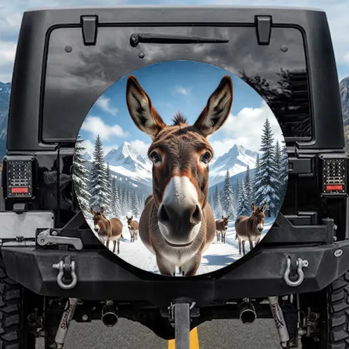 Friendly Donkey Face Snow Mountains Pine Trees - Wildlife Lover Gift Spare Tire Cover