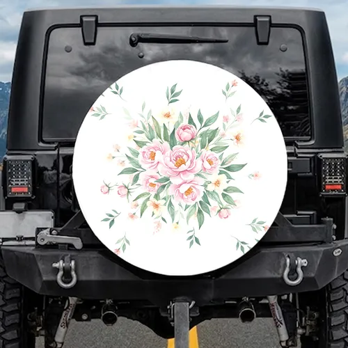 Botanical Flowers Peonies Small Blossoms Lush Green Teal Foliage Spare Tire Cover