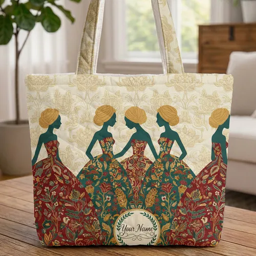 Four Female Figures Floral Gowns Personalized Medallion - Everyday Carry Gift Quilted Tote Bag