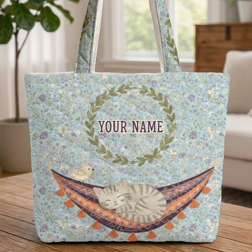 Sleeping Tabby Cat Hammock Wildflower Leaf Wreath Personalized - Everyday Carry Gift Quilted Tote Bag