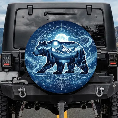 Majestic Bear Forest Mountain Lake Full Moon Starry Sky - Wildlife Lover Gift Spare Tire Cover
