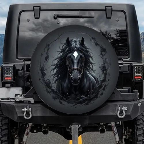 Majestic Powerful Black Horse White Blaze Flowing Mane Bridle - Equestrian Lover Gift Spare Tire Cover