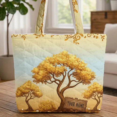 Desert Trees Golden Foliage Weathered Wood Sign Western Everyday Carry Gift Quilted Tote Bag
