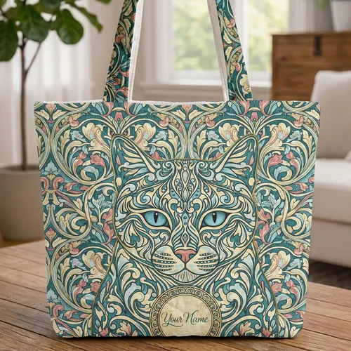 Majestic Art Nouveau Cat Face Botanical - Travel Essentials Cat Lover Gift Quilted Tote Bag