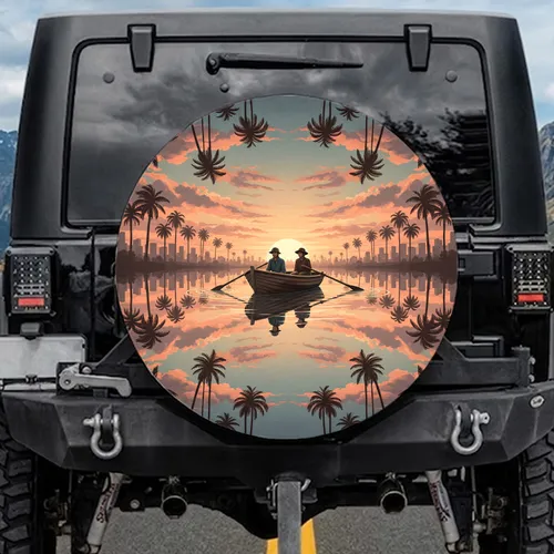 Rowboat Figures Sunset Palm Trees Water Reflections Twilight - Outdoor Adventure Gift Spare Tire Cover