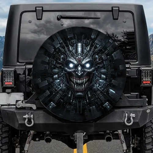 Terrifying Monstrous Face with Glowing Eyes - Mechanical Cybernetic Horror Fan Gift Spare Tire Cover