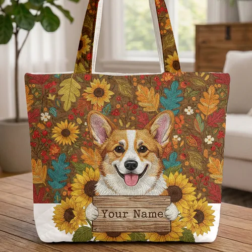 Welsh Corgi Sunflowers Autumn Leaves Berries - Everyday Carry Gift for Corgi Lover Quilted Tote Bag