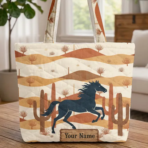 Dark Blue Horse Saguaro Cactus Rustic Sign - Western Everyday Carry Gift Quilted Tote Bag