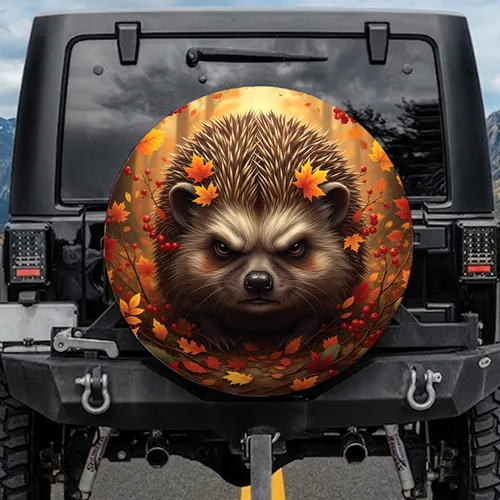 Grumpy Forest Hedgehog Maple Leaves Red Berries Woodland - Wildlife Lover Fall Decor Gift Spare Tire Cover