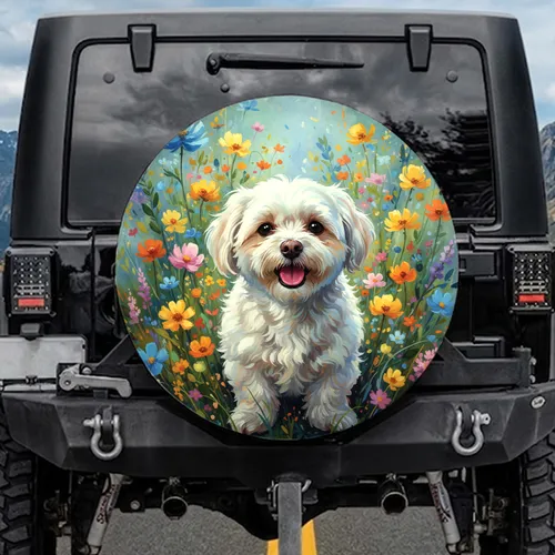 White Maltese Dog Lush Botanical Floral Garden - Travel Essentials Dog Lover Gift for Pet Owners Spare Tire Cover