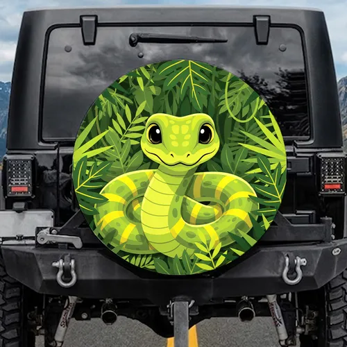 Vibrant Green Jungle Snake Golden Yellow Stripes Lush Foliage - Wildlife Lover Gift Spare Tire Cover