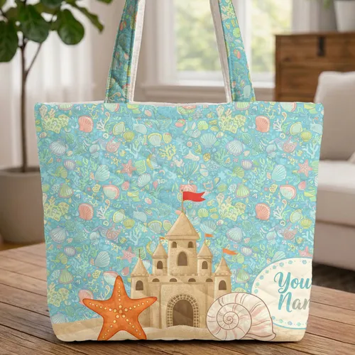 Sandcastle Starfish Conch Shell Seashells Coral Oval Medallion - Coastal Travel Carry Gift Quilted Tote Bag