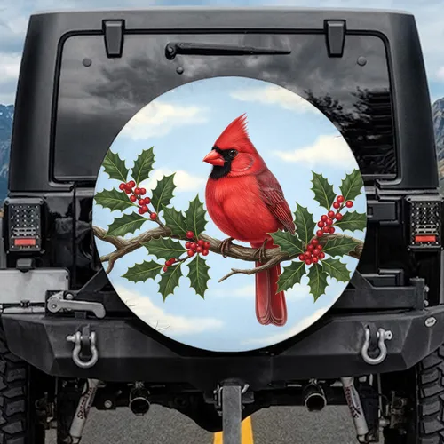 Northern Cardinal Holly Berries - Winter Christmas Gift for Bird Lover Spare Tire Cover