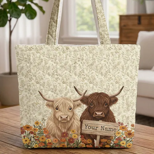 Highland Cows Wildflower Sign Farmhouse - Everyday Carry Gift for Cow Lover Quilted Tote Bag