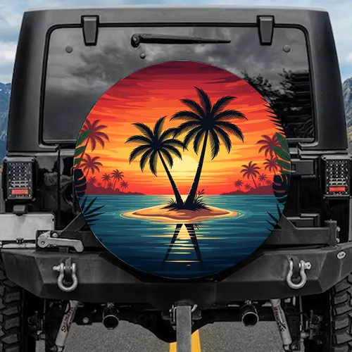 Silhouetted Palm Trees Tropical Sunset Beach - Beach Lover Travel Essentials Gift Spare Tire Cover