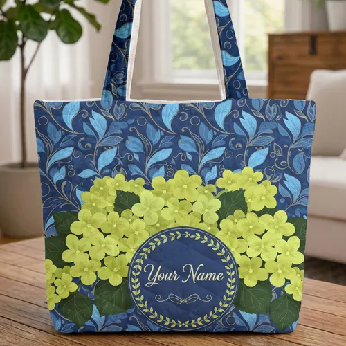 Hydrangeas Blue Botanical Leaf Garland Calligraphy - Everyday Carry Gift Quilted Tote Bag