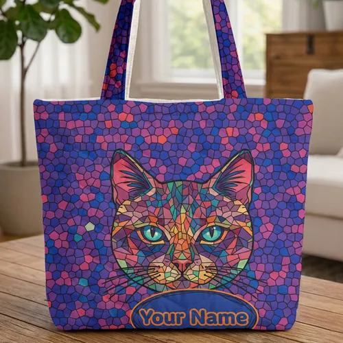 Mosaic Stained Glass Cat Face Personal Name - Everyday Carry Travel Gift for Cat Lover Quilted Tote Bag
