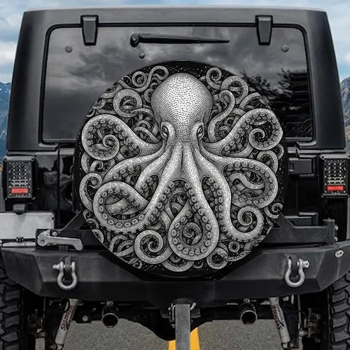 Black White Mythological Swirling Octopus - Deep Sea Ocean Lover Gift Spare Tire Cover