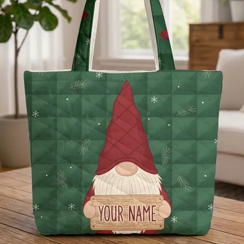 Gnome Winter Snowflakes Wooden Sign Christmas Everyday Carry Travel Gift Quilted Tote Bag