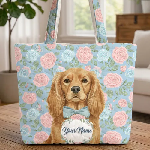 Long Haired Dog Rose Wreath Personalized Name - Everyday Carry Gift for Pet Owners Quilted Tote Bag
