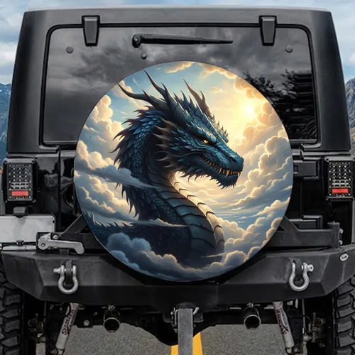 Majestic Blue Dragon Head Golden Sunlit Clouds Ethereal Sky - Fantasy Lover Gift Spare Tire Cover