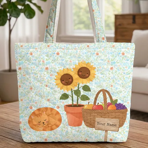 Ginger Cat Sunflowers Picnic Basket Rustic Sign - Farmhouse Everyday Carry Gift Quilted Tote Bag