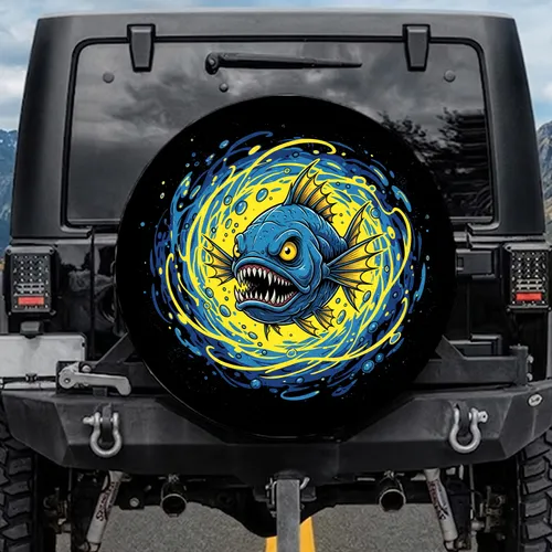 Menacing Blue Deep Sea Fish Electric Yellow Energy - Adventure Seeker Gift Spare Tire Cover