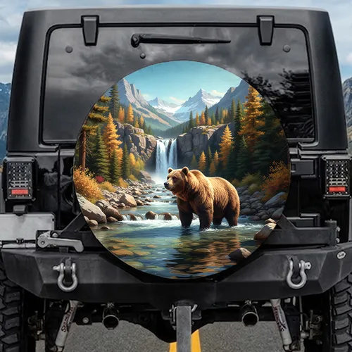 Grizzly Bear Mountain Stream Waterfall Forest Landscape - Outdoor Wildlife Lover Gift Spare Tire Cover