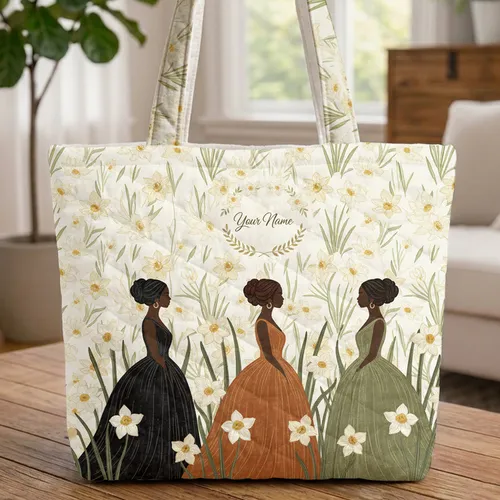 Three Female Figures Daffodil Blossoms Floral Wreath - Everyday Carry Gift for Women Quilted Tote Bag