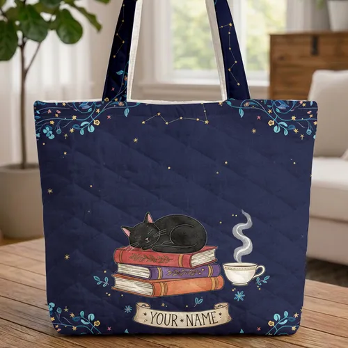 Black Cat Sleeping Books Teacup Night Sky Constellations - Everyday Carry Gift Quilted Tote Bag
