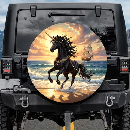 Black Unicorn Ocean Waves Sailing Ship Seascape - Fantasy Lover Gift Spare Tire Cover