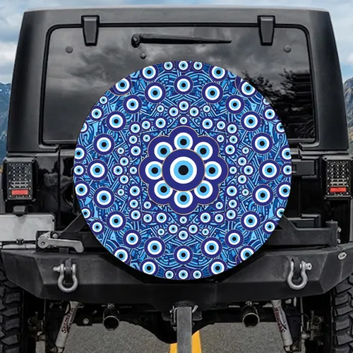 Dense Evil Eyes Wavy Royal Blue Gold Navy White - Protective Car Travel Accessory Spare Tire Cover