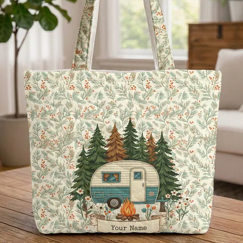 Vintage Teardrop Camper Van Pine Tree Campfire Wildflower Travel Essentials Quilted Tote Bag