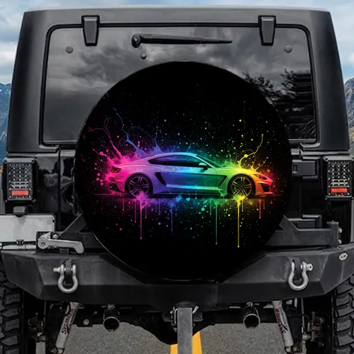 Rainbow Glowing Sports Car Paint Burst - Automotive Lover Gift Spare Tire Cover