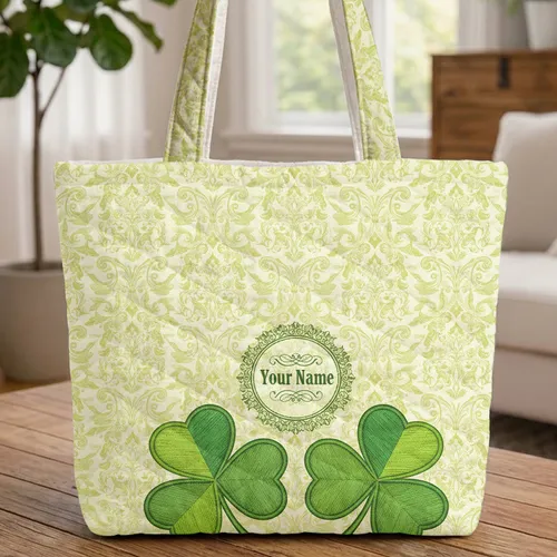 Shamrock Clovers Botanical Damask Medallion Green Leaf Accent Travel Essentials Quilted Tote Bag