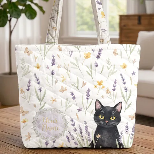 Black Cat Lavender Wildflower Butterflies Personal Everyday Carry Gift for Cat Lovers Quilted Tote Bag