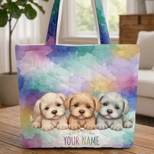 Fluffy Puppies Floral Wreath Personalized Name Everyday Carry Gift Quilted Tote Bag
