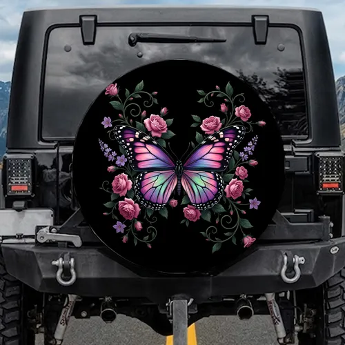 Monarch Butterfly Rose Vine Florets Car Decor Gift for Butterfly Lover Spare Tire Cover
