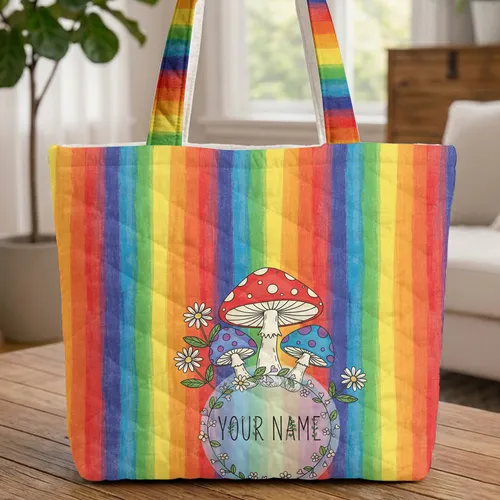 Personalized Mushroom Daisy Floral Wreath Everyday Carry Gift Quilted Tote Bag