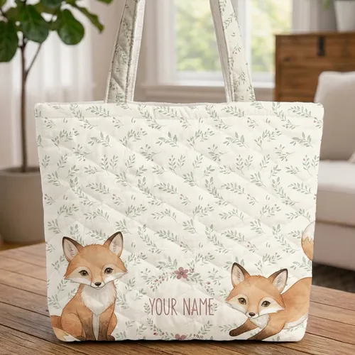 Personalized Fox Kits Floral Wreath - Everyday Carry Gift for Child Quilted Tote Bag