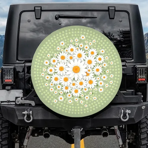 White Daisy Floral Field Olive Green Polka Dot - Outdoor Decor Gift for Garden Lover Spare Tire Cover