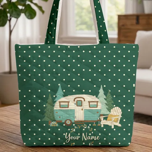Vintage Travel Trailer Pine Trees Floral Wreath Everyday Carry Gift Quilted Tote Bag