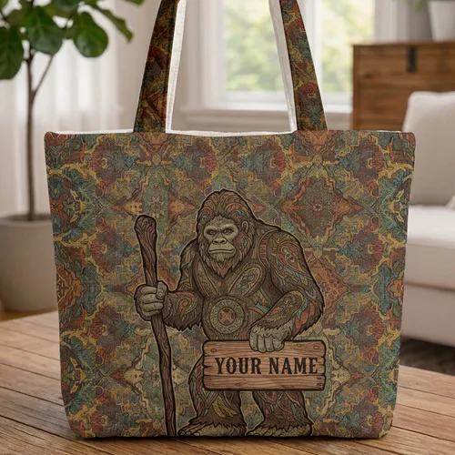 Bigfoot Sasquatch Personalized Name Wooden Sign - Everyday Carry Gift for Wildlife Lover Quilted Tote Bag