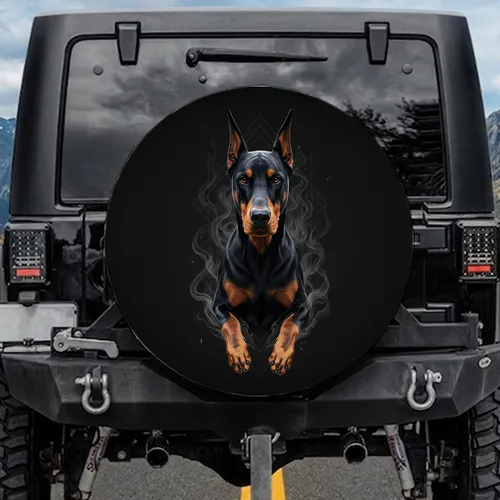 Black Doberman Pinscher Rust Red Markings Intense Gaze - Dog Lover Lifestyle Gift Spare Tire Cover