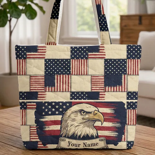 Bald Eagle American Flag Scroll Name - Everyday Travel Essentials Gift for Veterans Quilted Tote Bag