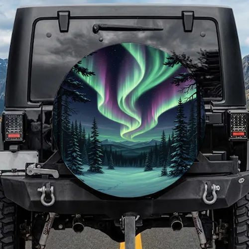Northern Lights Night Sky Evergreen Trees Snow - Nature Lover Gift Spare Tire Cover