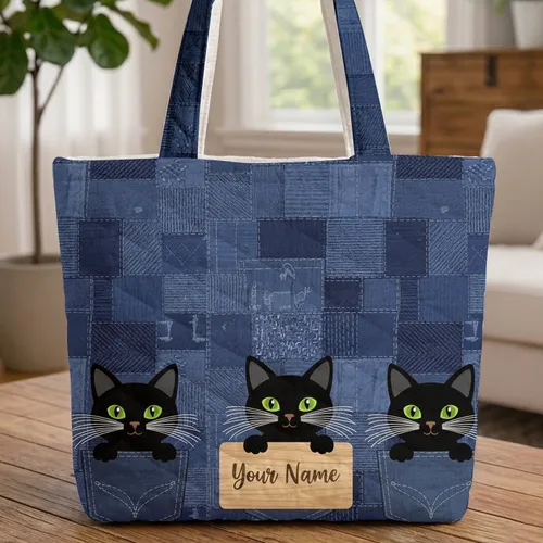 Black Cats Denim Pockets Wooden Name Sign - Everyday Carry Gift for Cat Lover Quilted Tote Bag
